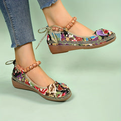 Women's Bowknot Linen Flat Shoes Beaded Strap Slip On Wedge Shoes Ethnic