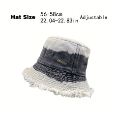 Gradient Washed Denim Bucket Hat Vintage Frayed Brim Tie Dye Sunshade Cap
