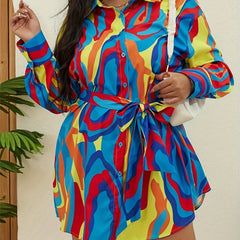 Women's Plus Print Long Sleeve Shirt Dress With Belt