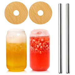 2pcs Can Glass Cups Bamboo Lids 500ml Thick Drinking Glasses Set
