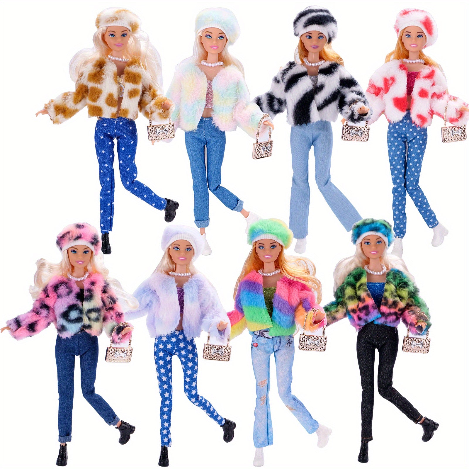 Doll Clothes Set: Faux Fur Coat, Denim Jeans, Accessories