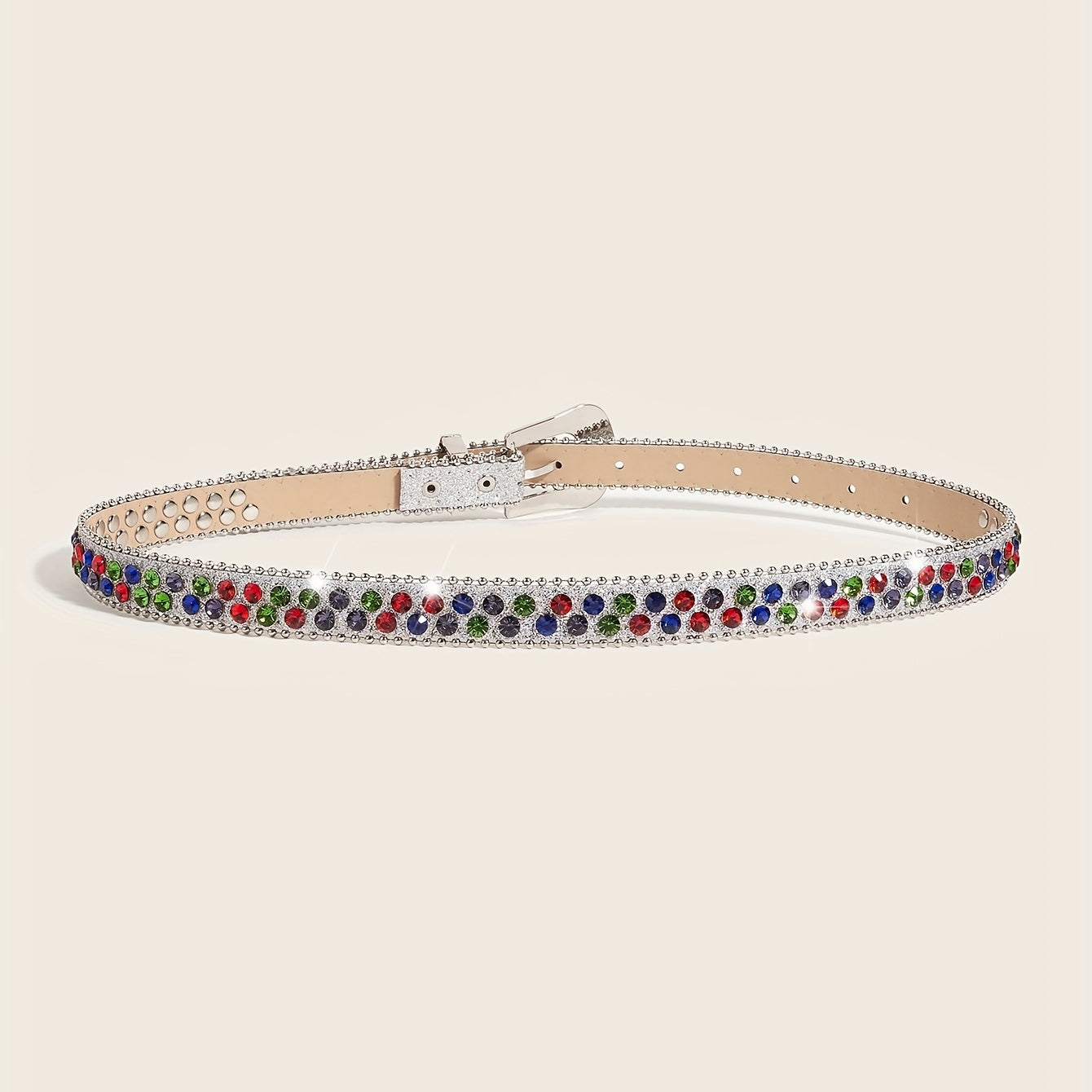Rhinestone Inlaid PU Belt Sparkly Beads Decor Thin Sequin Belt