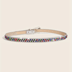 Rhinestone Inlaid PU Belt Sparkly Beads Decor Thin Sequin Belt