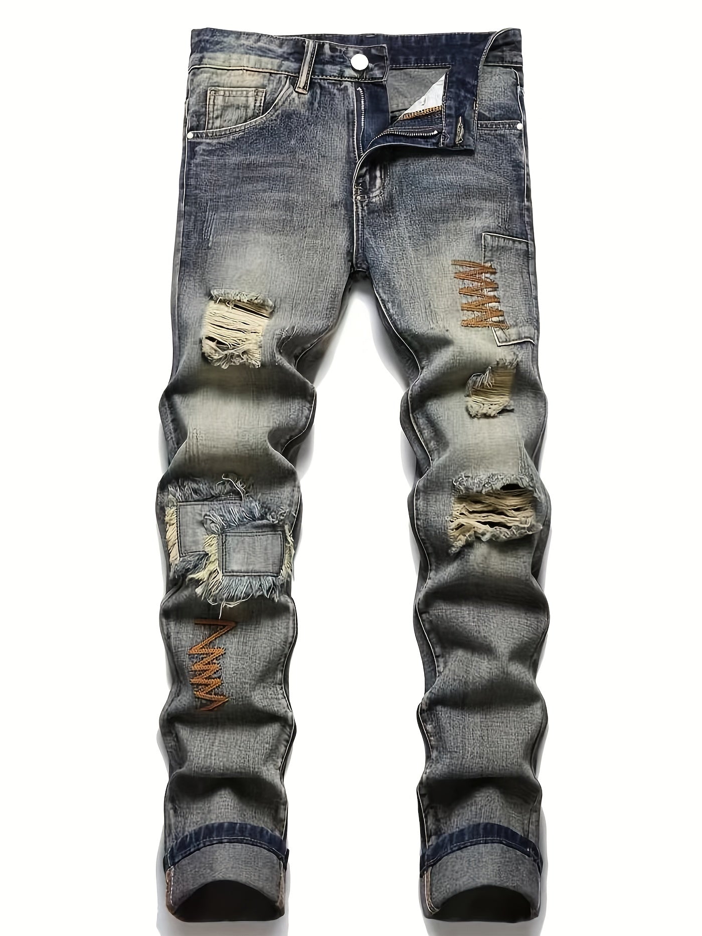 Men Chevron Embroidered Ripped Slim Straight Jeans