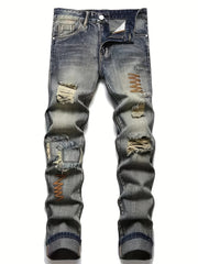 Men Chevron Embroidered Ripped Slim Straight Jeans