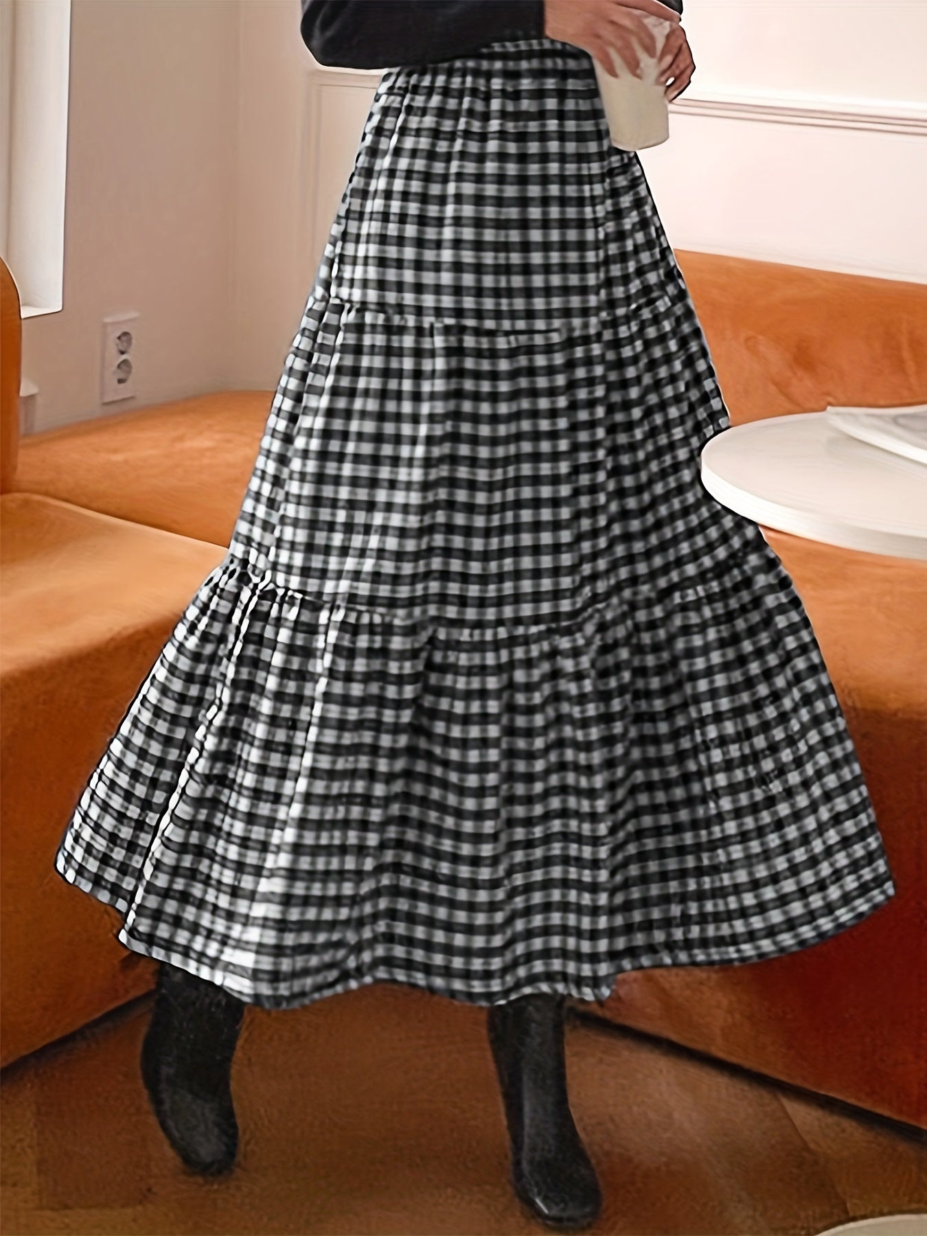 Gingham Print High Rise Maxi Skirt Women's Plus