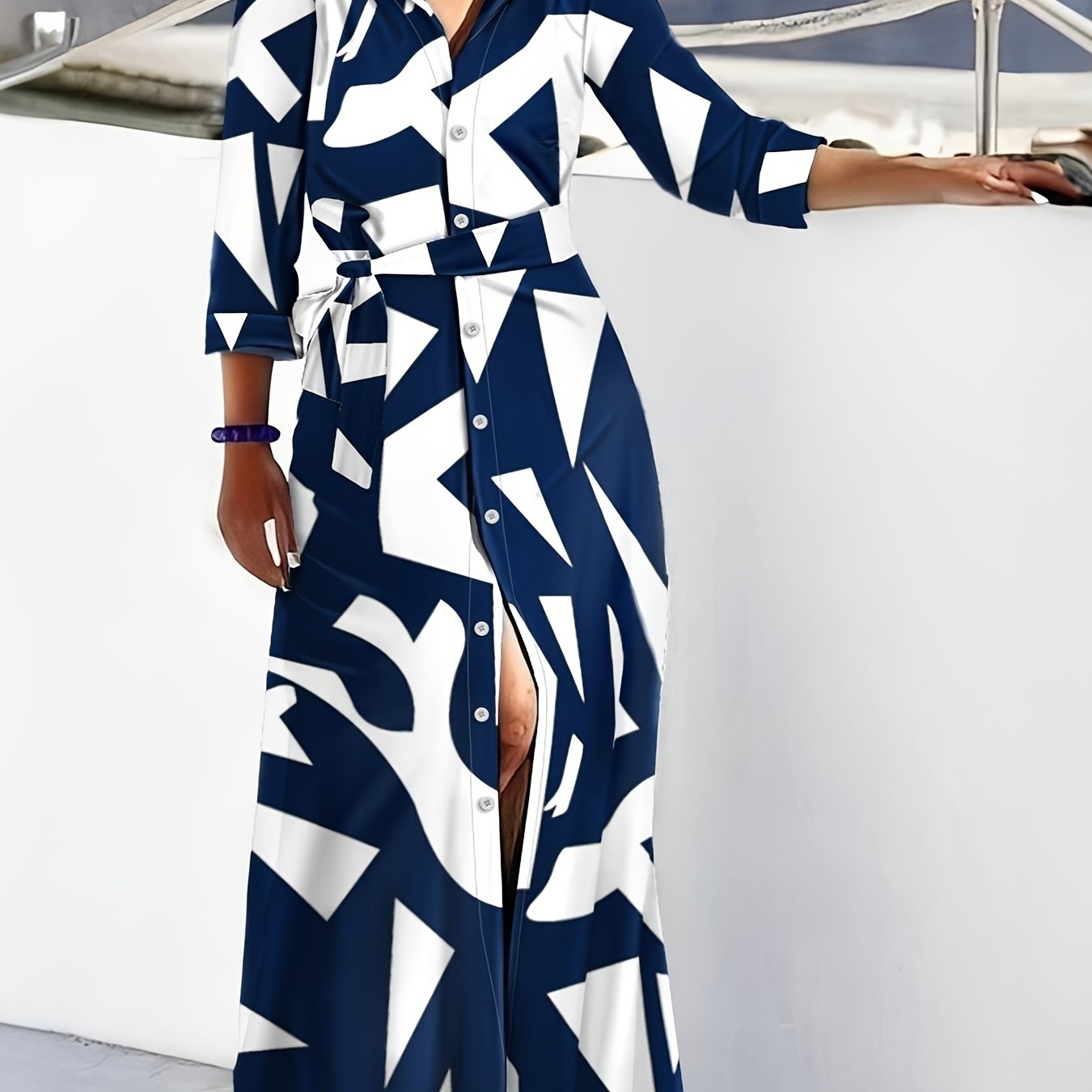  Geometric Print Long Sleeve Shirt Dress With Belt