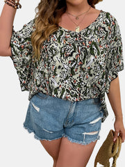  Allover Print Flutter Sleeve V Neck Blouse