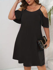  Solid Cold Shoulder Casual Dress Round Neck