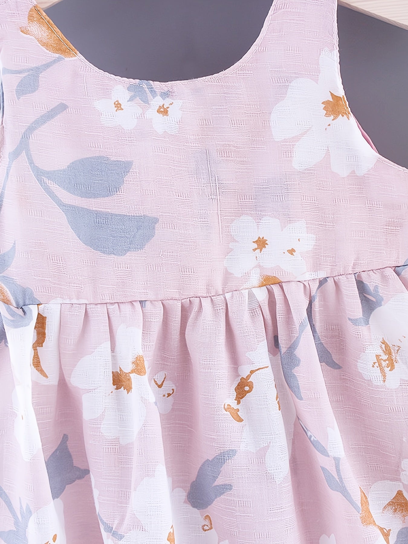 Baby Girls Sleeveless Flowers Print Beach Dress With Hat