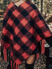  Gingham Print Fringe Trim Shawl Sweater