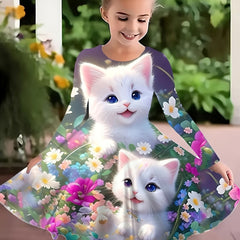 Girls Flower & Cat Graphic Crew Neck Long Sleeve Dress Spring Fall Party Gift