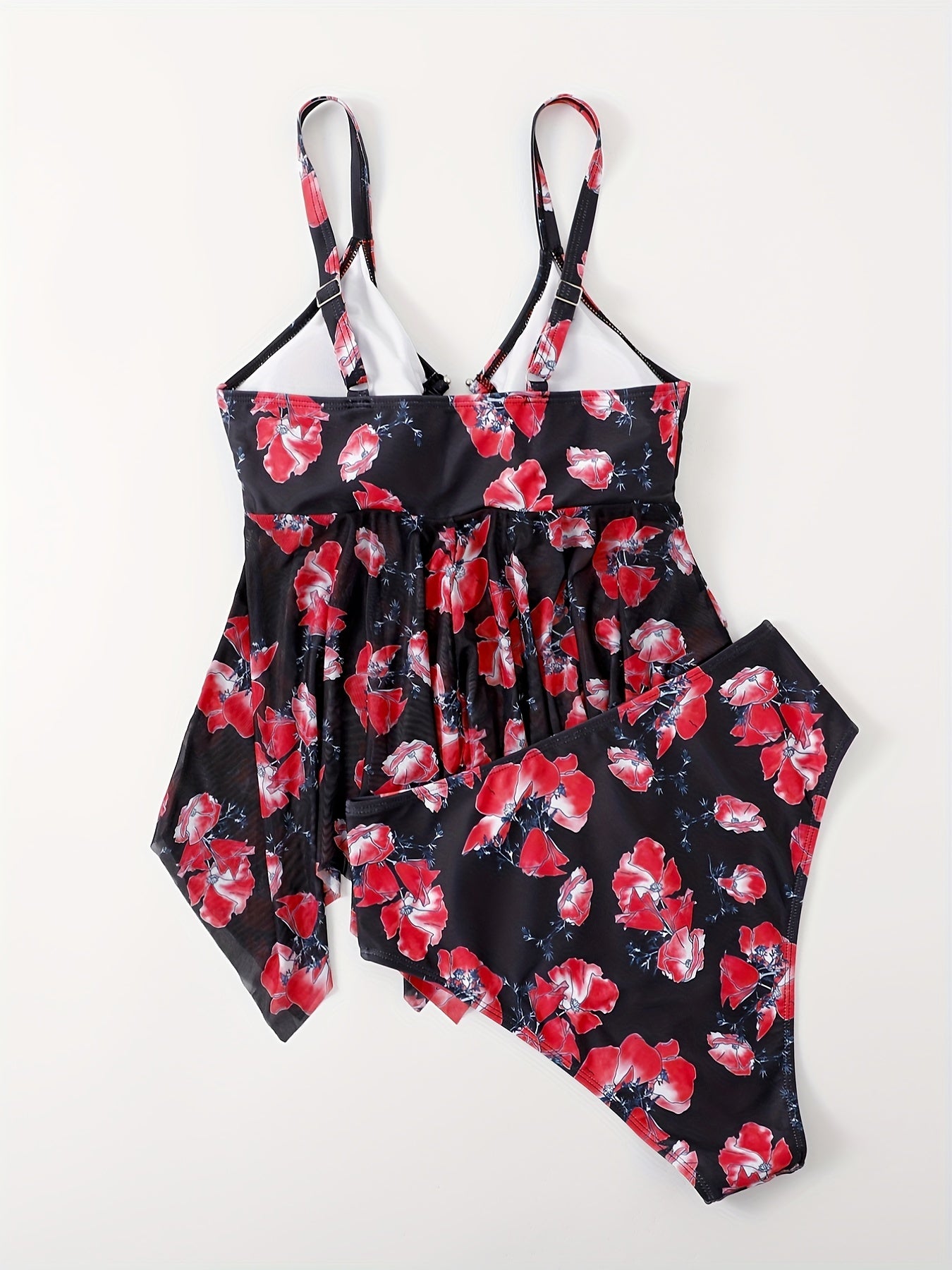 Floral Print Tankini Set Women's Ring Cut Out Swimsuit Two Piece Set