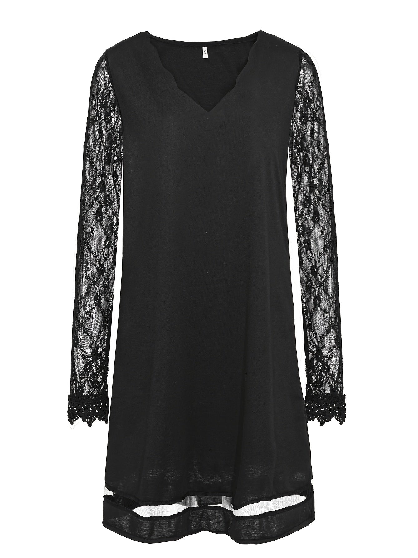 Solid V Neck Lace Long Sleeve Dress Women's Clothing