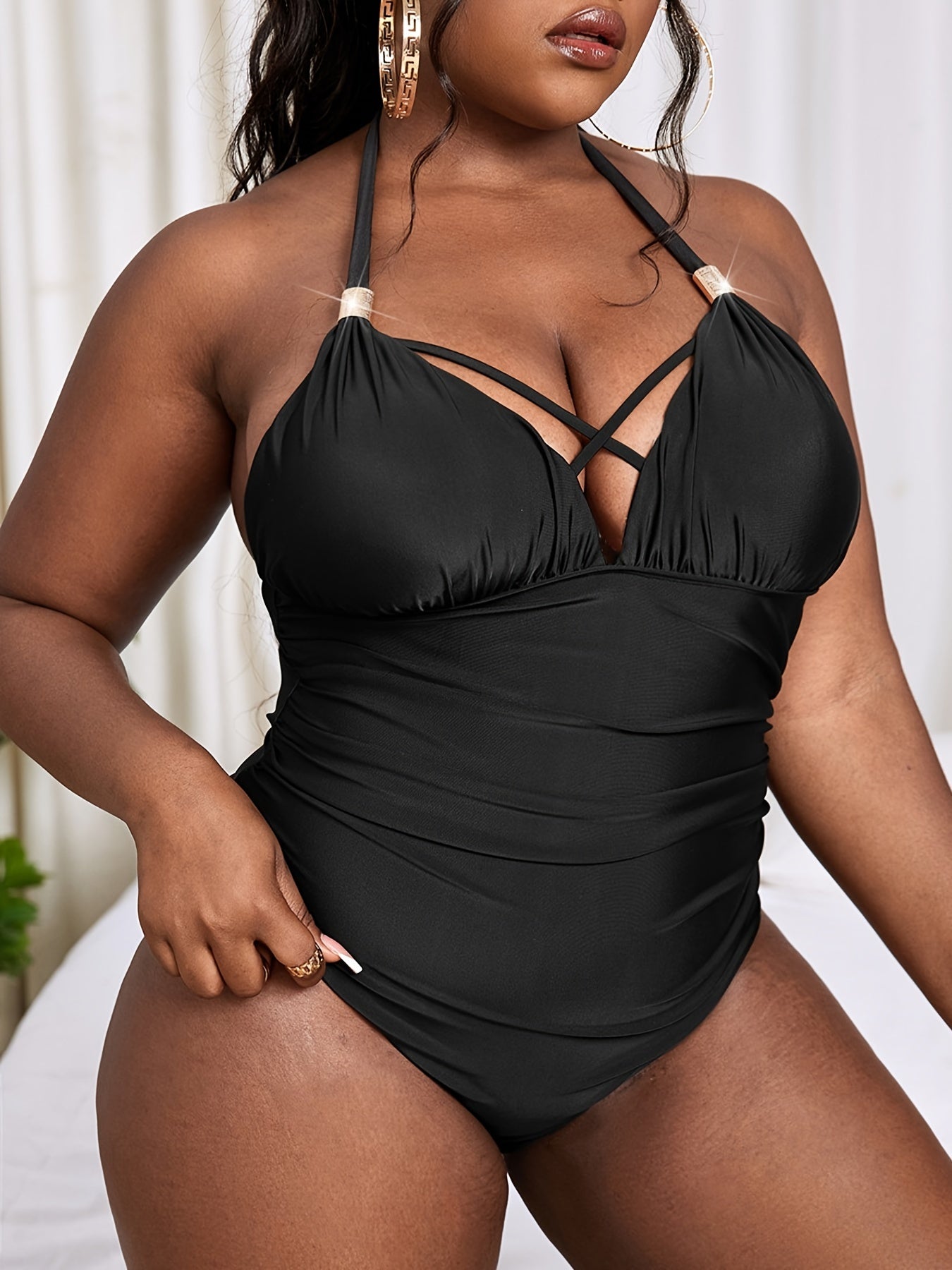  Halter Neck Criss Cross One Piece Swimsuit