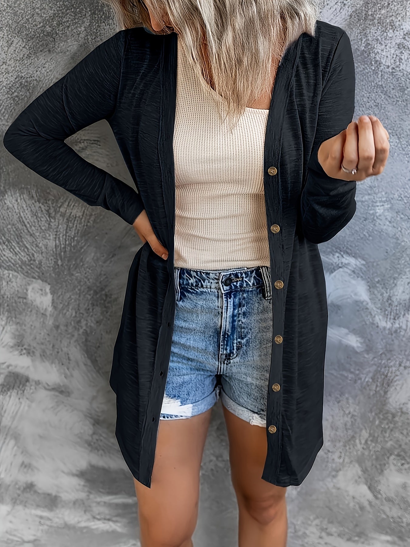  Solid Long Sleeve Button Up Cardigan