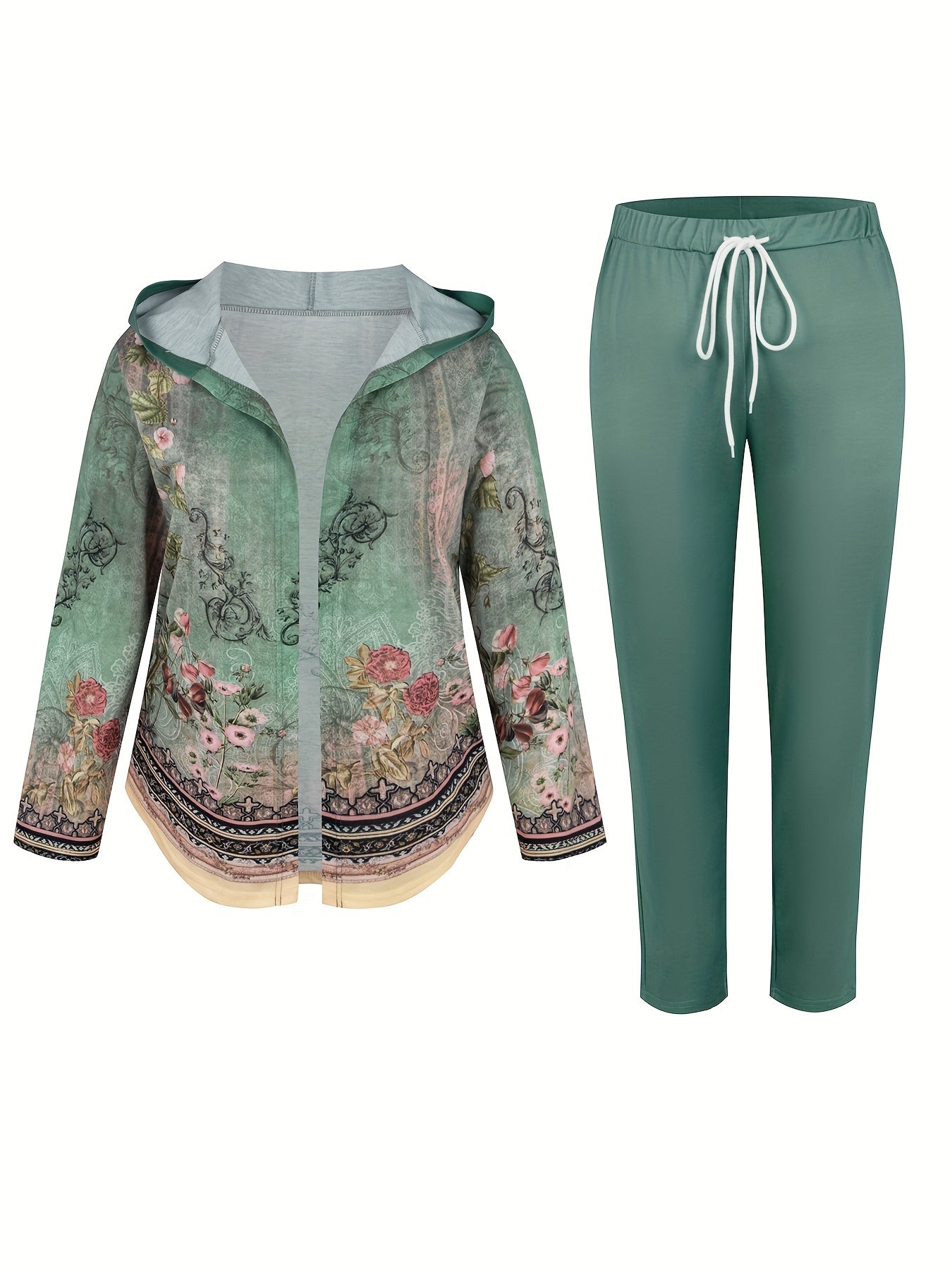  Floral Print Hooded Cardigan & Drawstring Pants 2 Piece Set