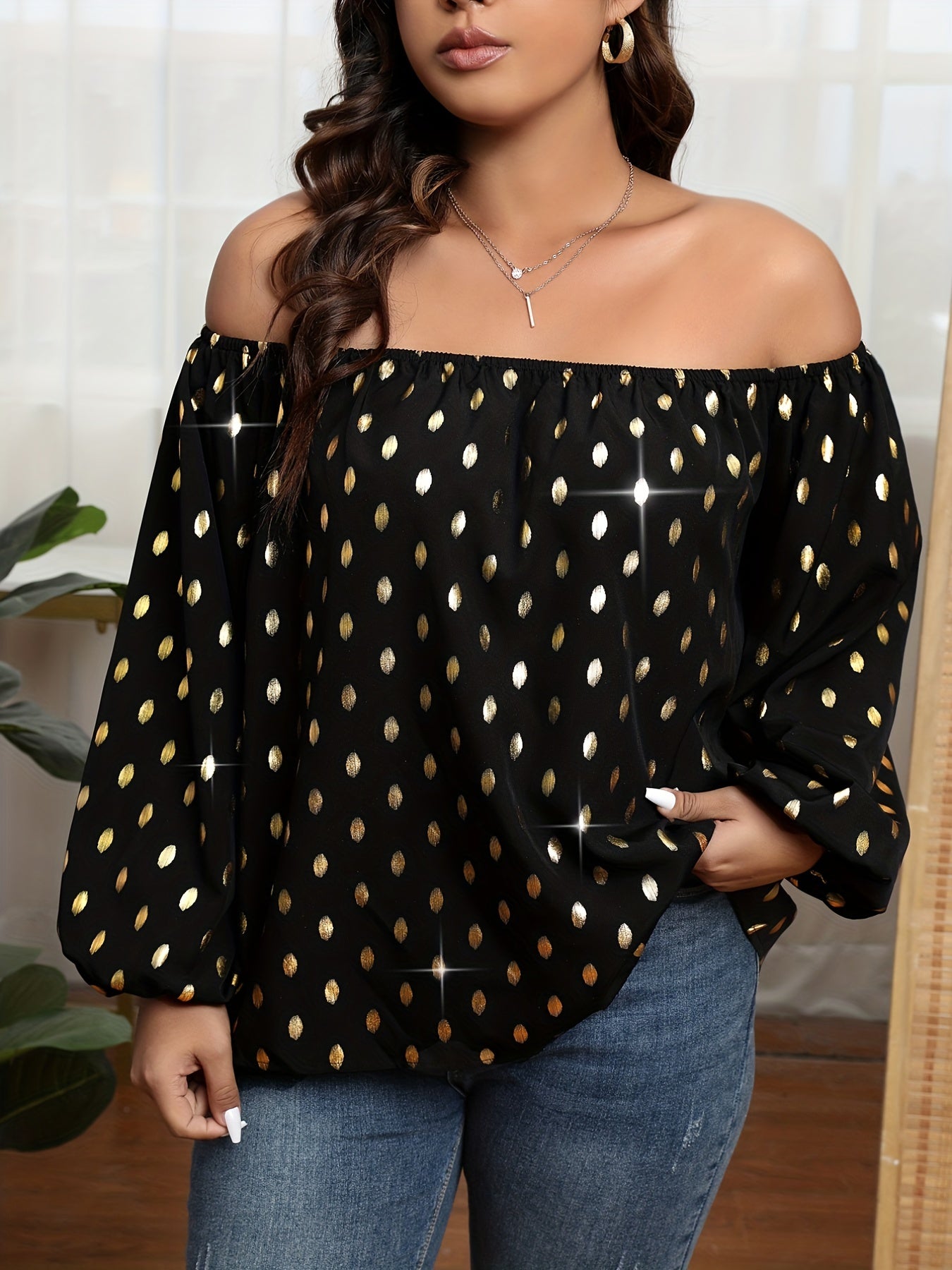  Casual Blouse Women's Plus Golden Dot Print Off Shoulder Lantern