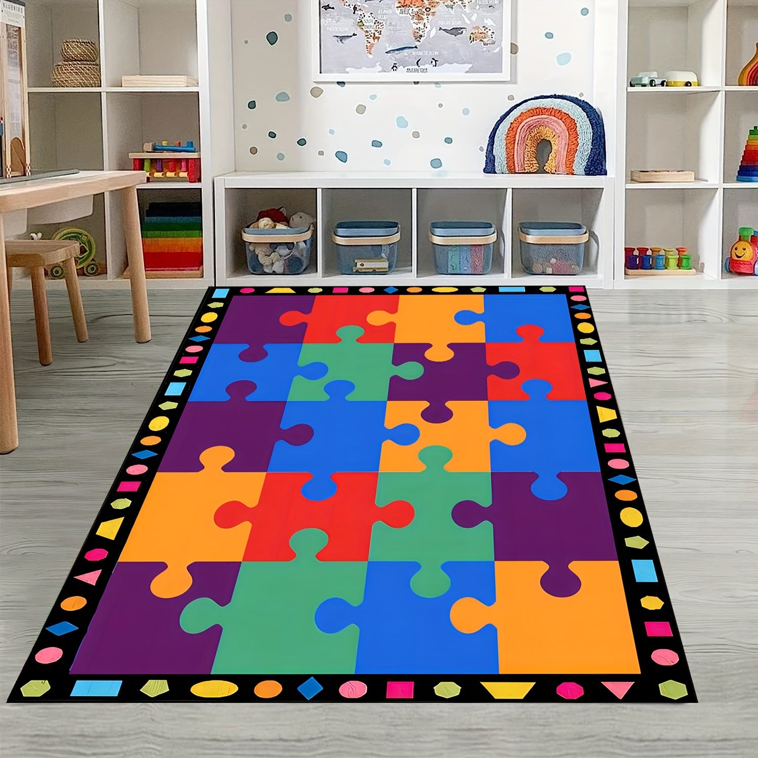 Colorful Puzzle Seating Rug for Nursery School Learning Area