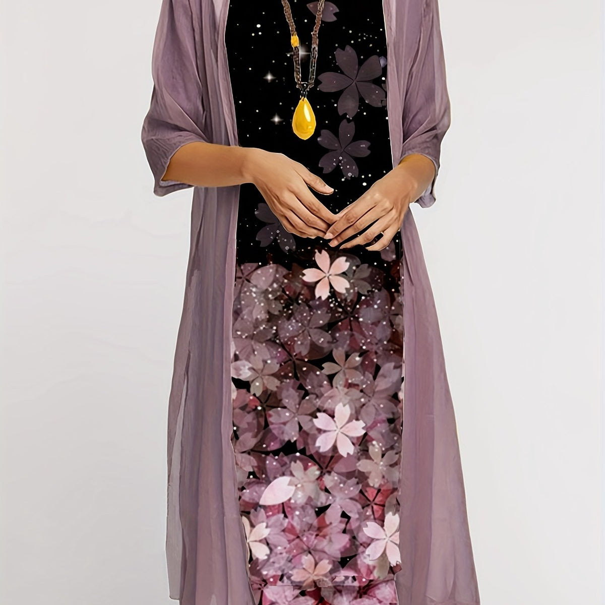 Print Long Dress & Sleeve Cardigan Outfits for W