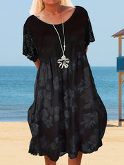  Colorblock Floral Print Lace Dress