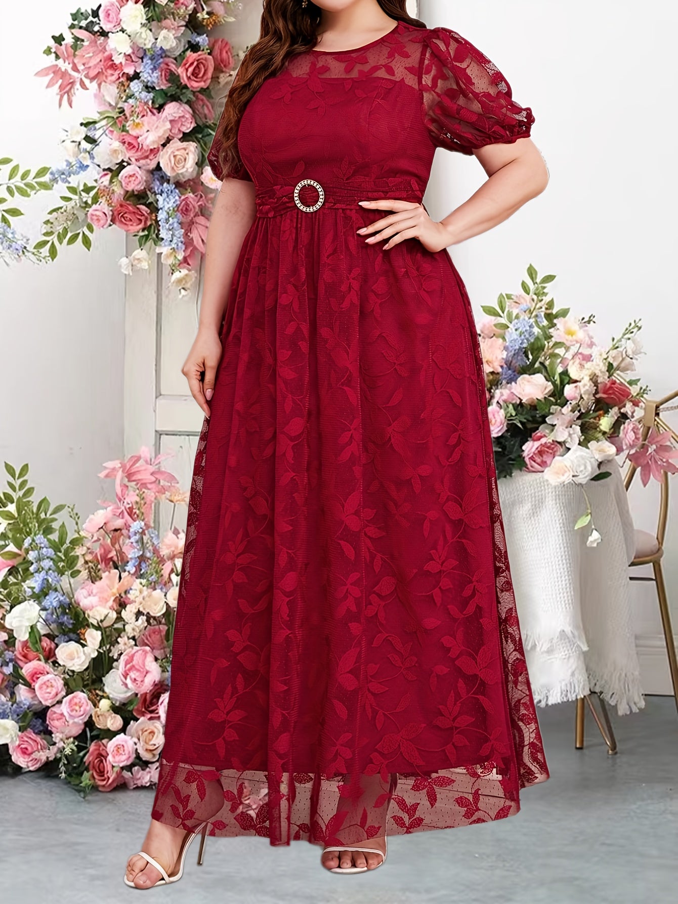 Leaf Lace Puff Sleeve Plus Size Bridesmaid Maxi Dress