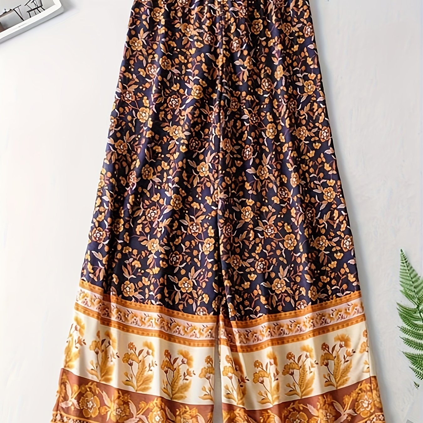  Floral Print Wide Leg Pants Elastic Waist