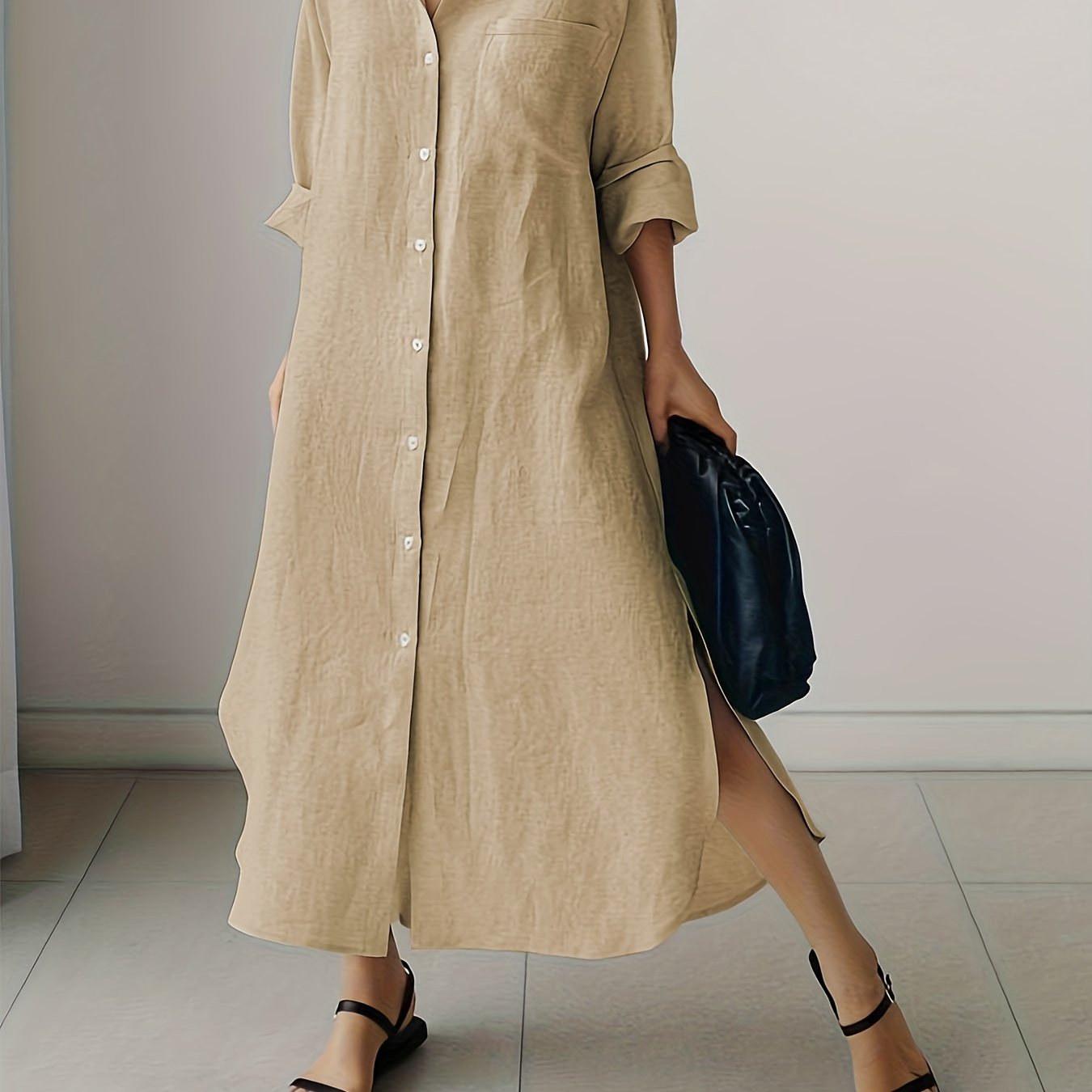  Button Up Long Sleeve Maxi Shirt Dress