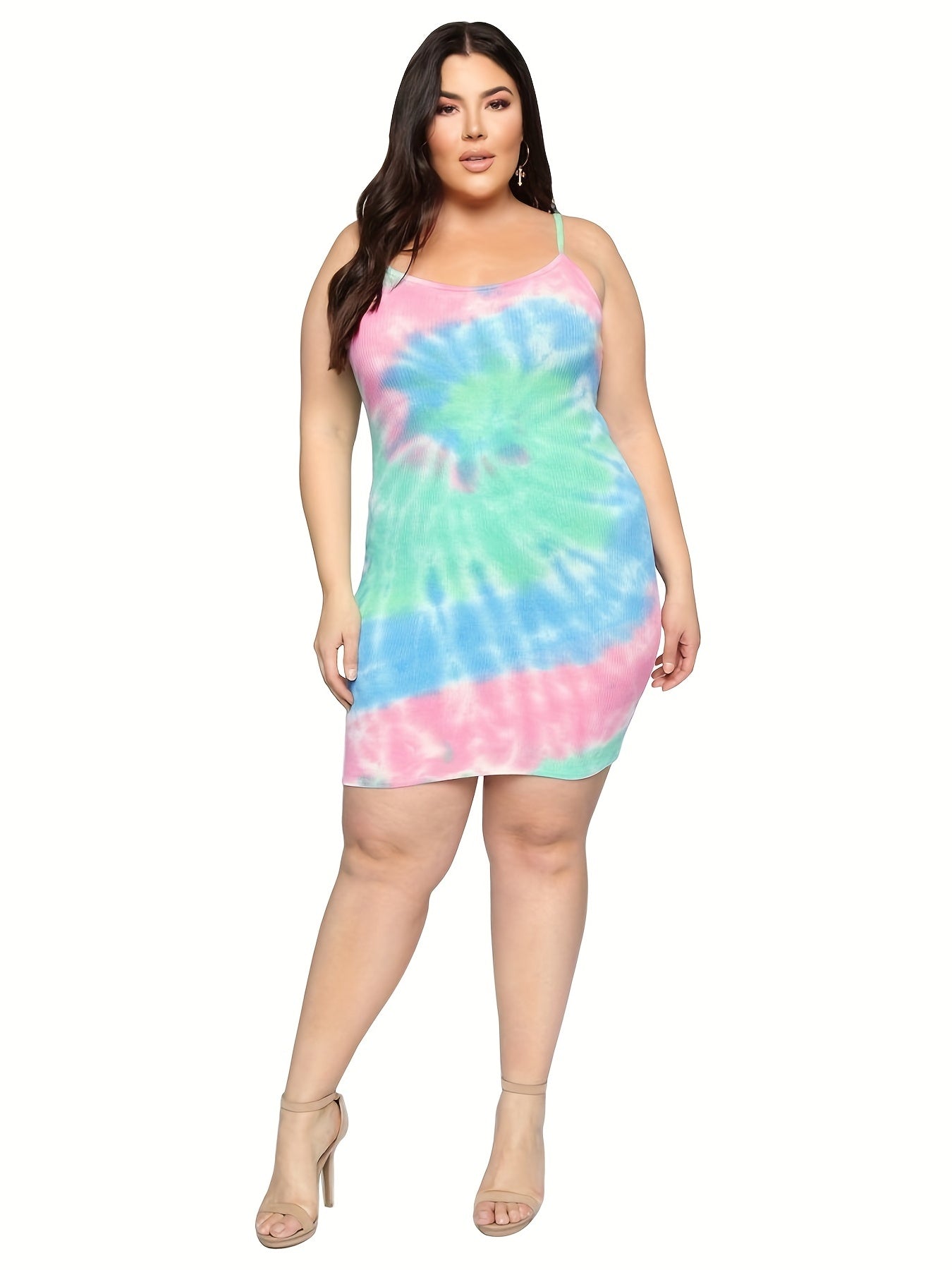  Tie Dye Cami Dress Round Neck Stretch Slim Fit Mini Summer Dress