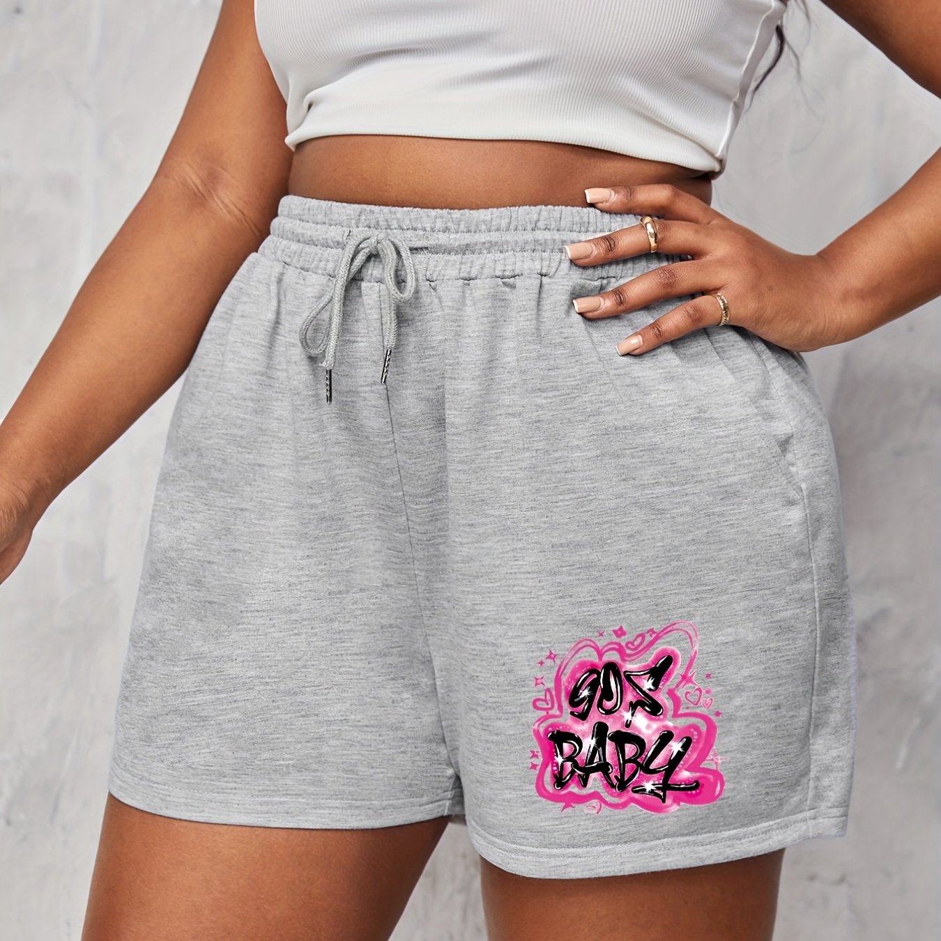  Art Letter Print Elastic Drawstring Stretch Shorts