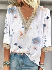  Floral Print Lace Sleeve V Neck Top