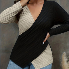  Colorblock Cross V Neck Knit Top Long Sleeve