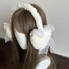 Japanese Style Winter Ear Muffs Fluffy Bow & Lace Trim Ear Warmers
