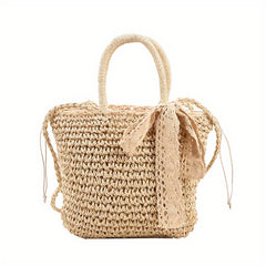 Straw Beach Bag Drawstring Bucket Shoulder Bag Boho Style Handbag