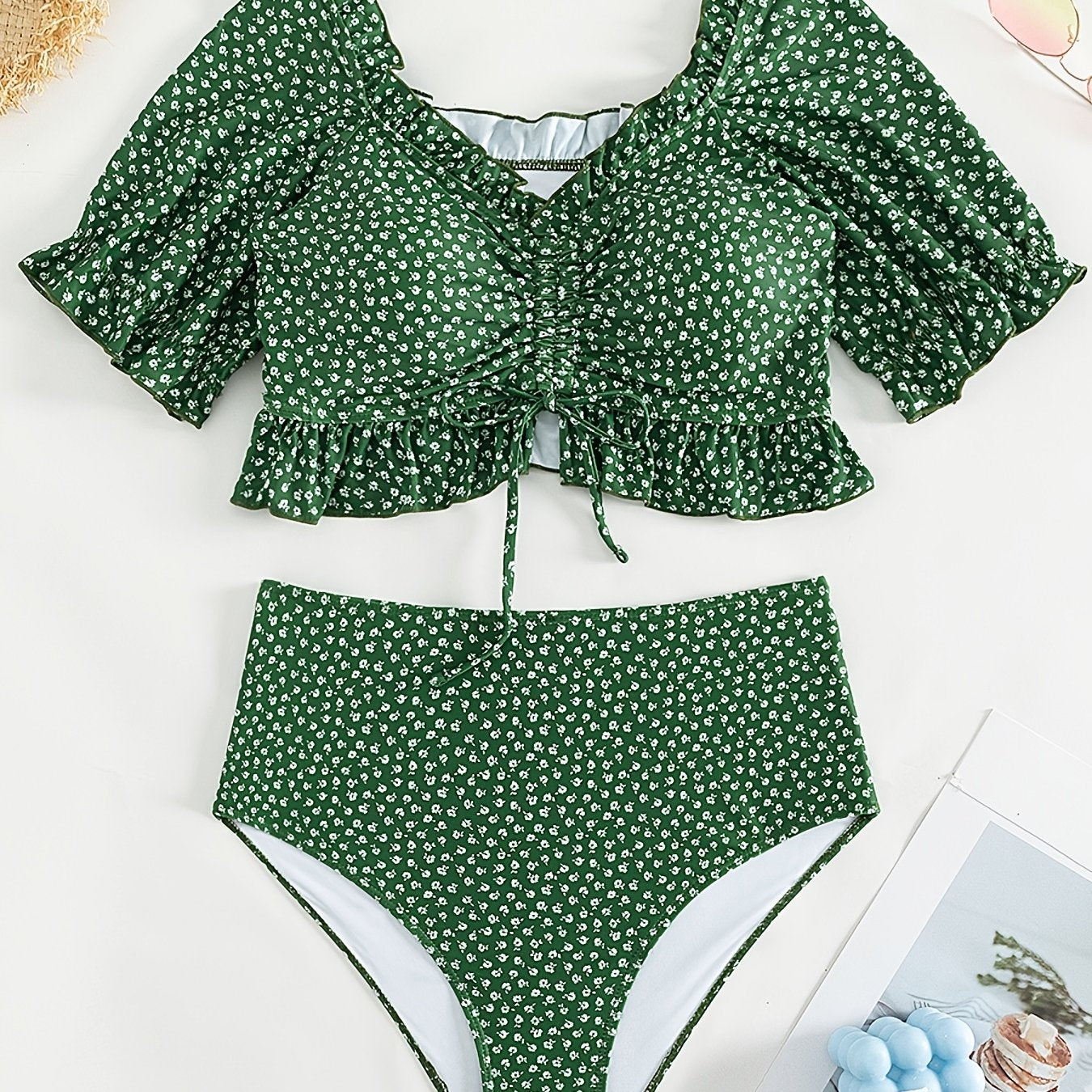  Ruffle Knot Front Bikini Set Medium Stretch Polka Dot Bathing Suit