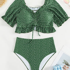  Ruffle Knot Front Bikini Set Medium Stretch Polka Dot Bathing Suit