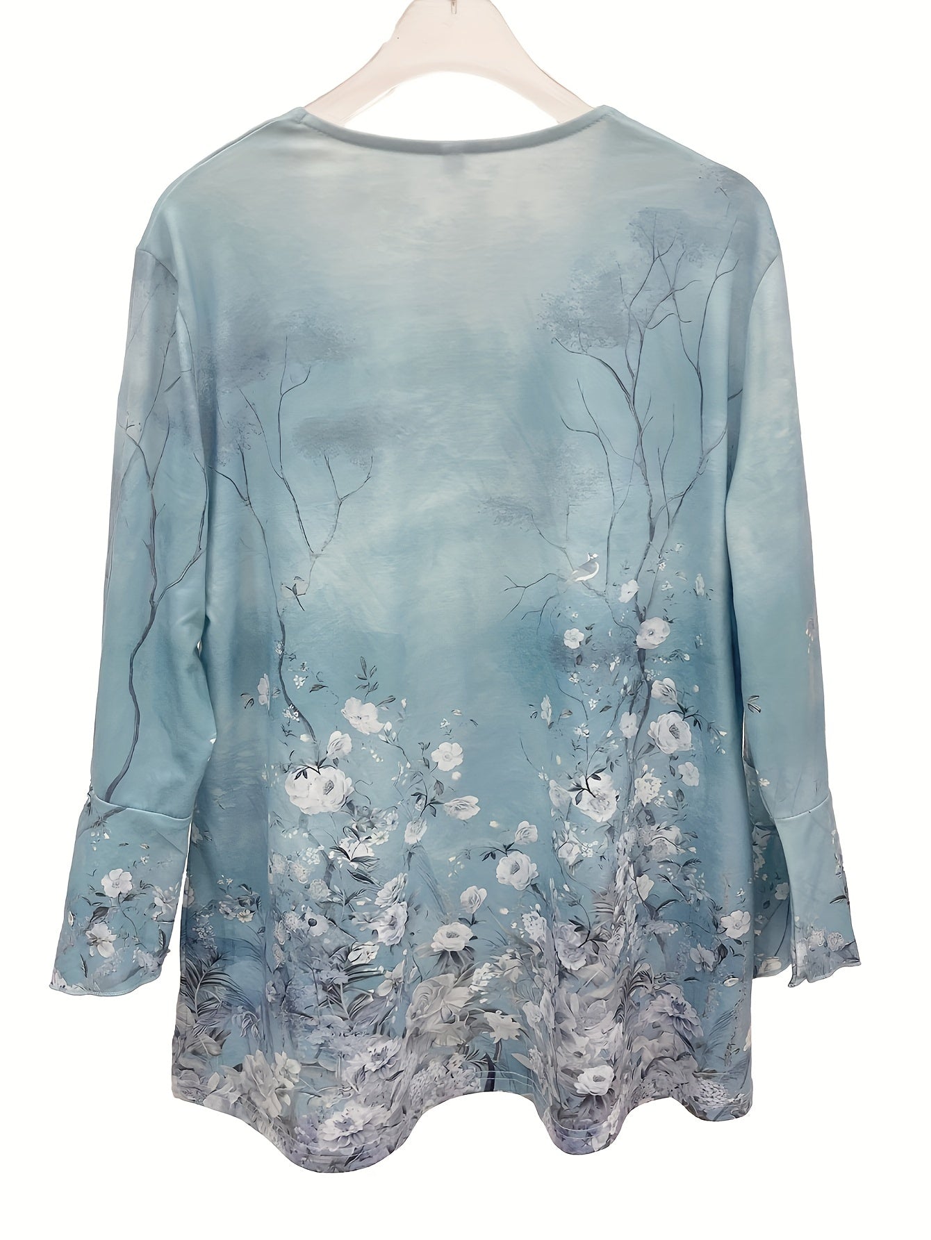 Floral Print Bell Sleeve Button Up Cardigan
