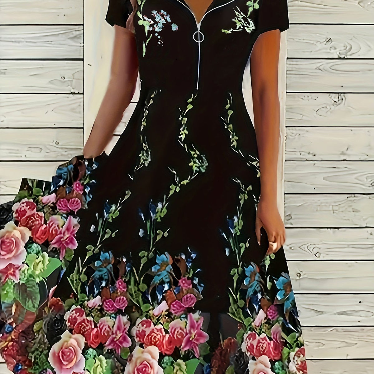  Floral Print Zipper V Neck Dress
