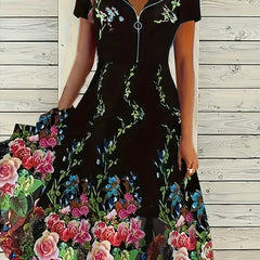  Floral Print Zipper V Neck Dress