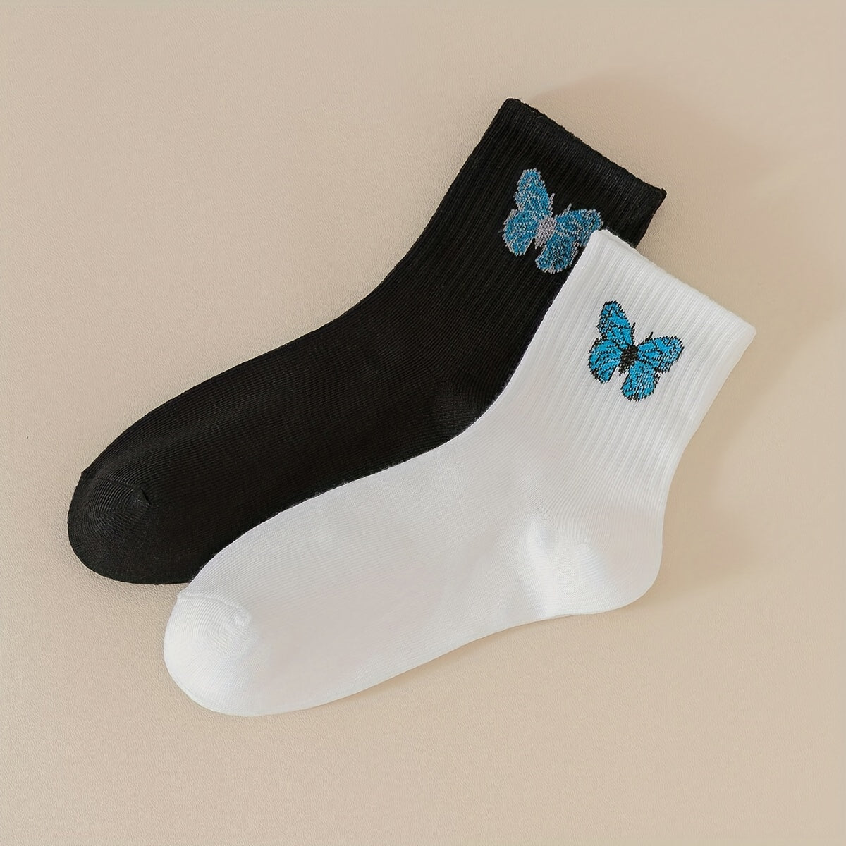 2 Pairs Butterfly Print Ribbed Socks Women's Mid Tube Stockings