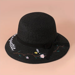 Flower Embroidery Wide Brim Sun Hat UV Protection