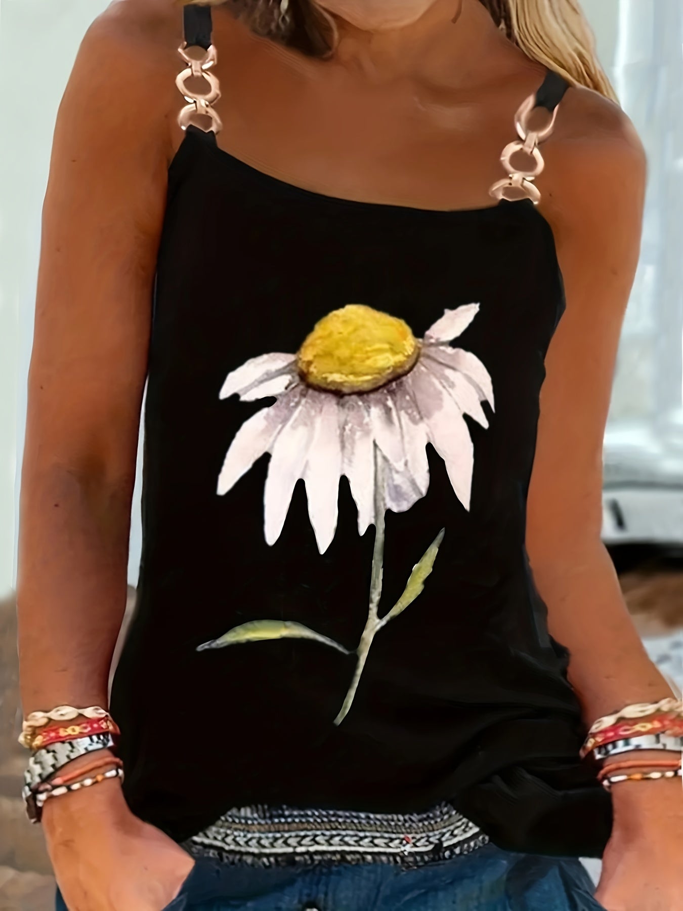  Tank Top Women's Plus Floral Print Metal Strap Tank