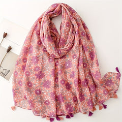 Flower Print Voile Scarf Tassel Shawl Boho Windproof Head Wrap Sunscreen
