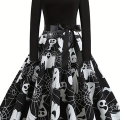  Women's Ghost & Spider Web Print A-Line Dress