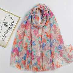 Floral Print Raw Trim Scarf Shawl Casual Head Wrap