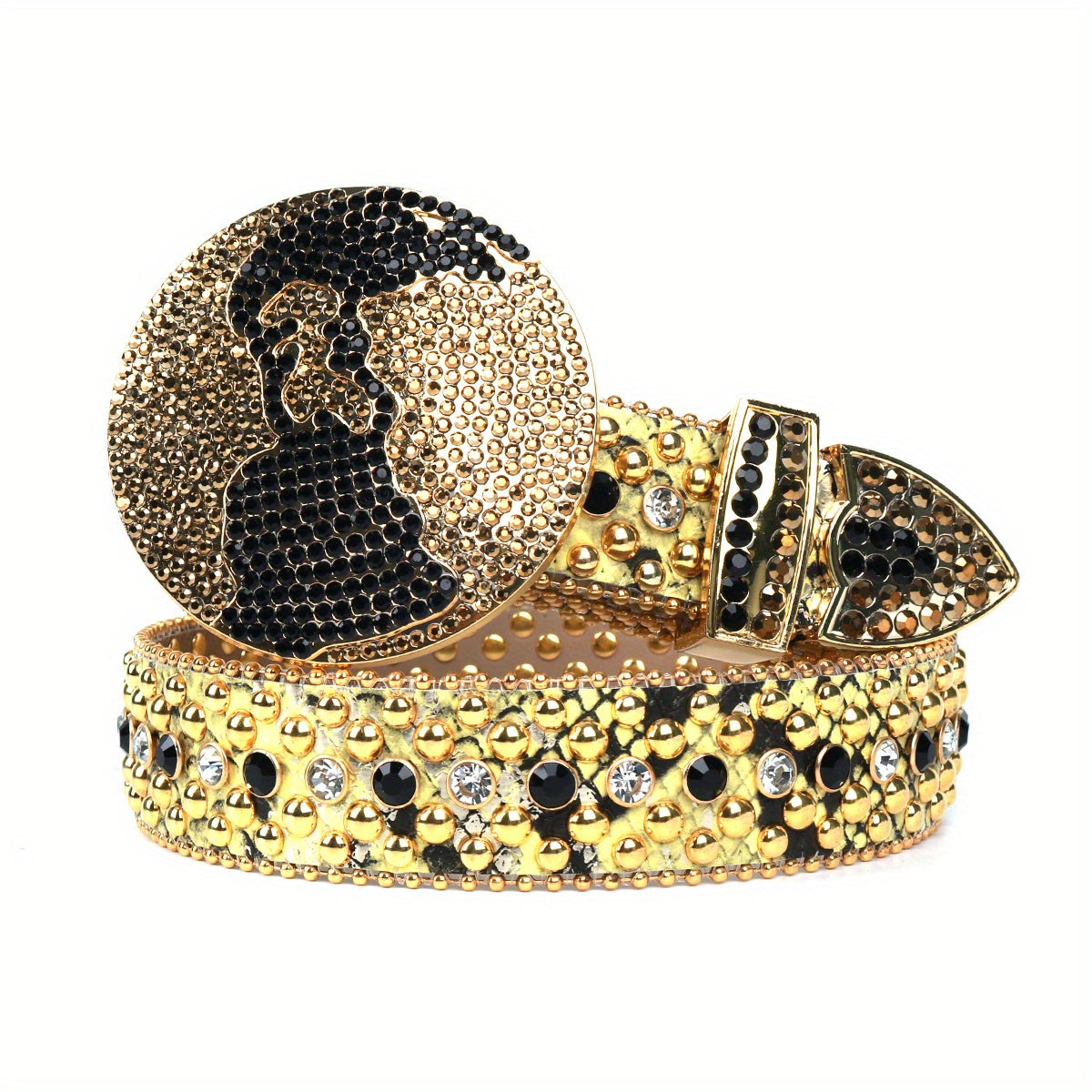 Yellow Sparkly Belt Y2K Punk Rivet Belts Rhinestone Round Buckle Belt
