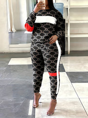  Colorblock Geometric Print Top & Pants Set