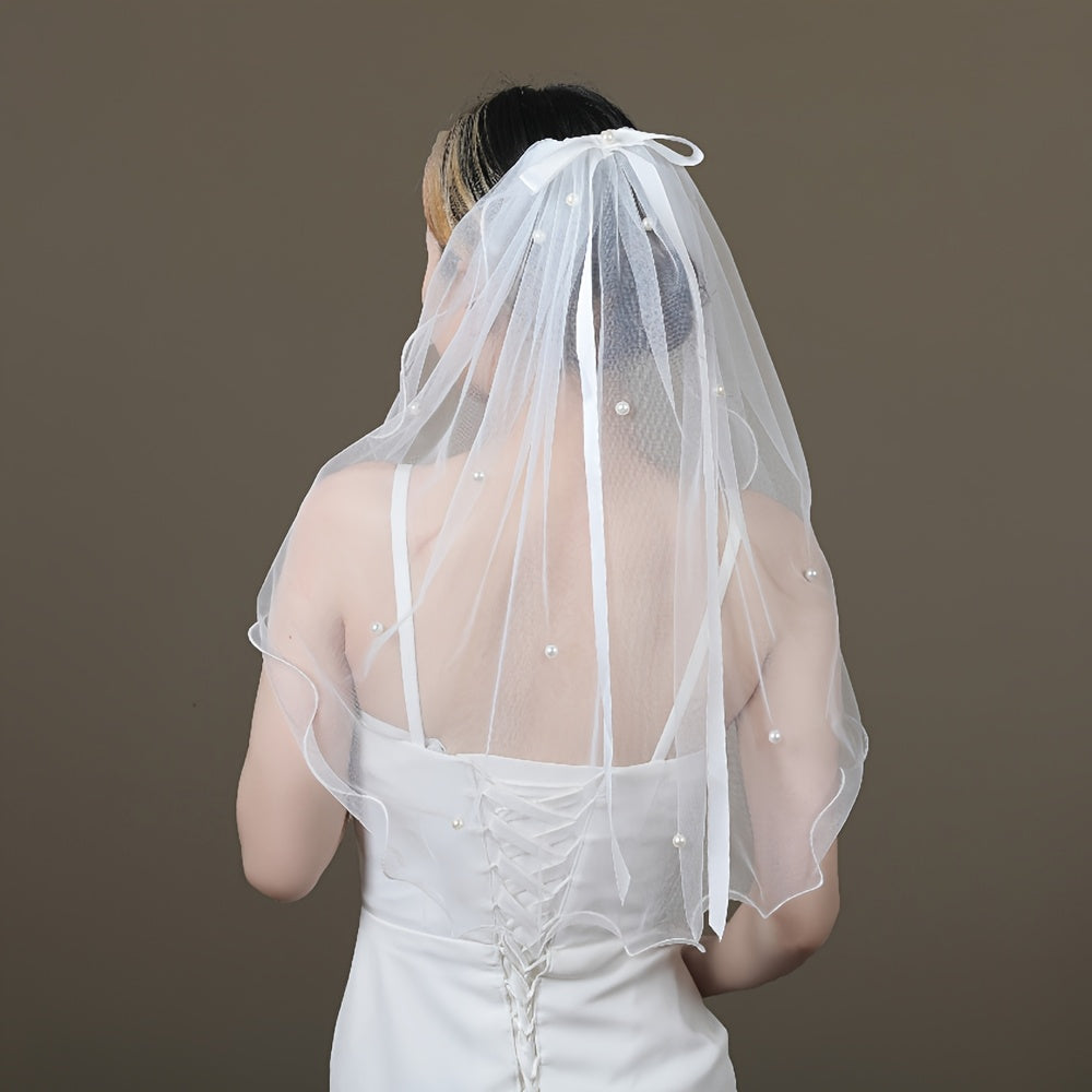 Pearl Bowknot Short Wedding Veil Soft Tulle Bridal Accessory