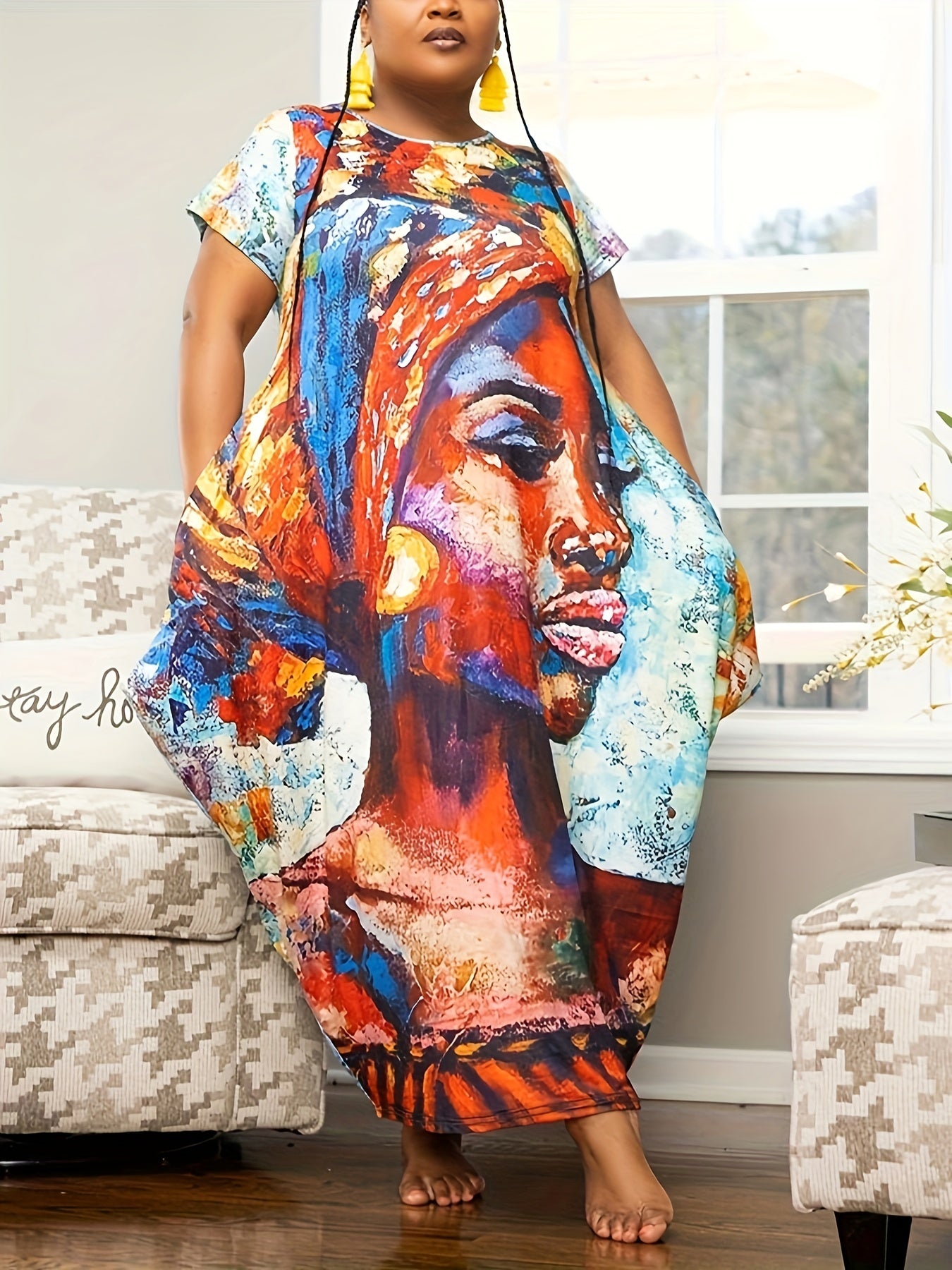  Figure Print Maxi Dress V Neck Ruched