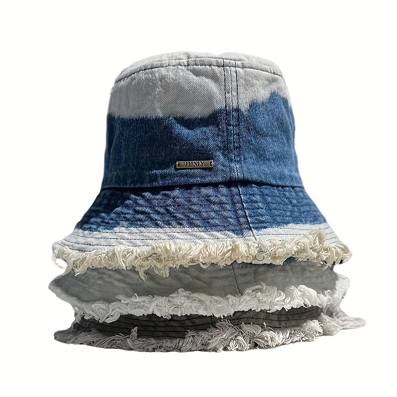 Gradient Washed Denim Bucket Hat Vintage Frayed Brim Tie Dye Sunshade Cap